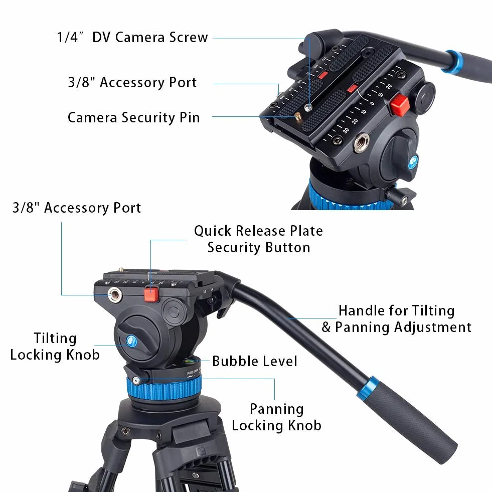 SIRUI Statyw wideo Tripod SH25, aluminiowy statyw wideo z głowicą i uchwytem, 190 cm, maks. obciążenie 10 kg, statyw podróżny do lustrzanek cyfrowych, kamkorderów, aparatów, kamer wideo