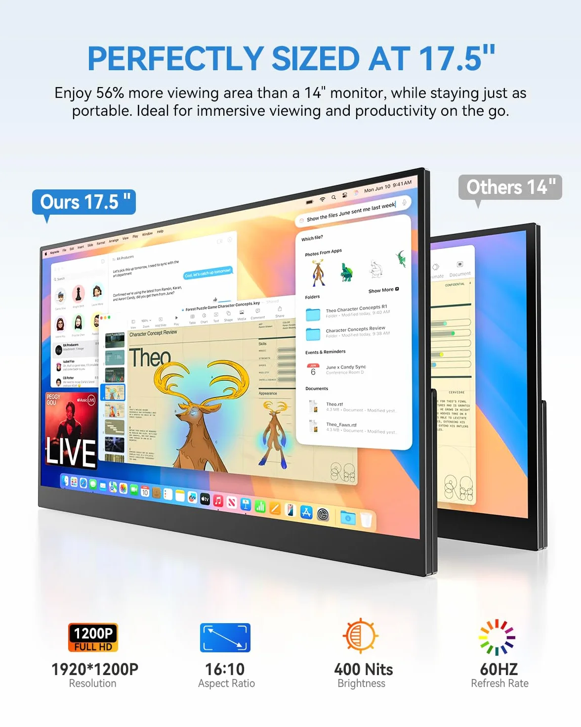 UPERFECT przenośny monitor 17,5 cala, 1920 × 1200P FHD przenośny monitor 16:10 125% sRGB 1500:1 IPS z USB-C i HDMI, ultra cienki - ochrona oczu - zewnętrzny drugi ekran do komputerów PC/Mac/PS3/4/5
