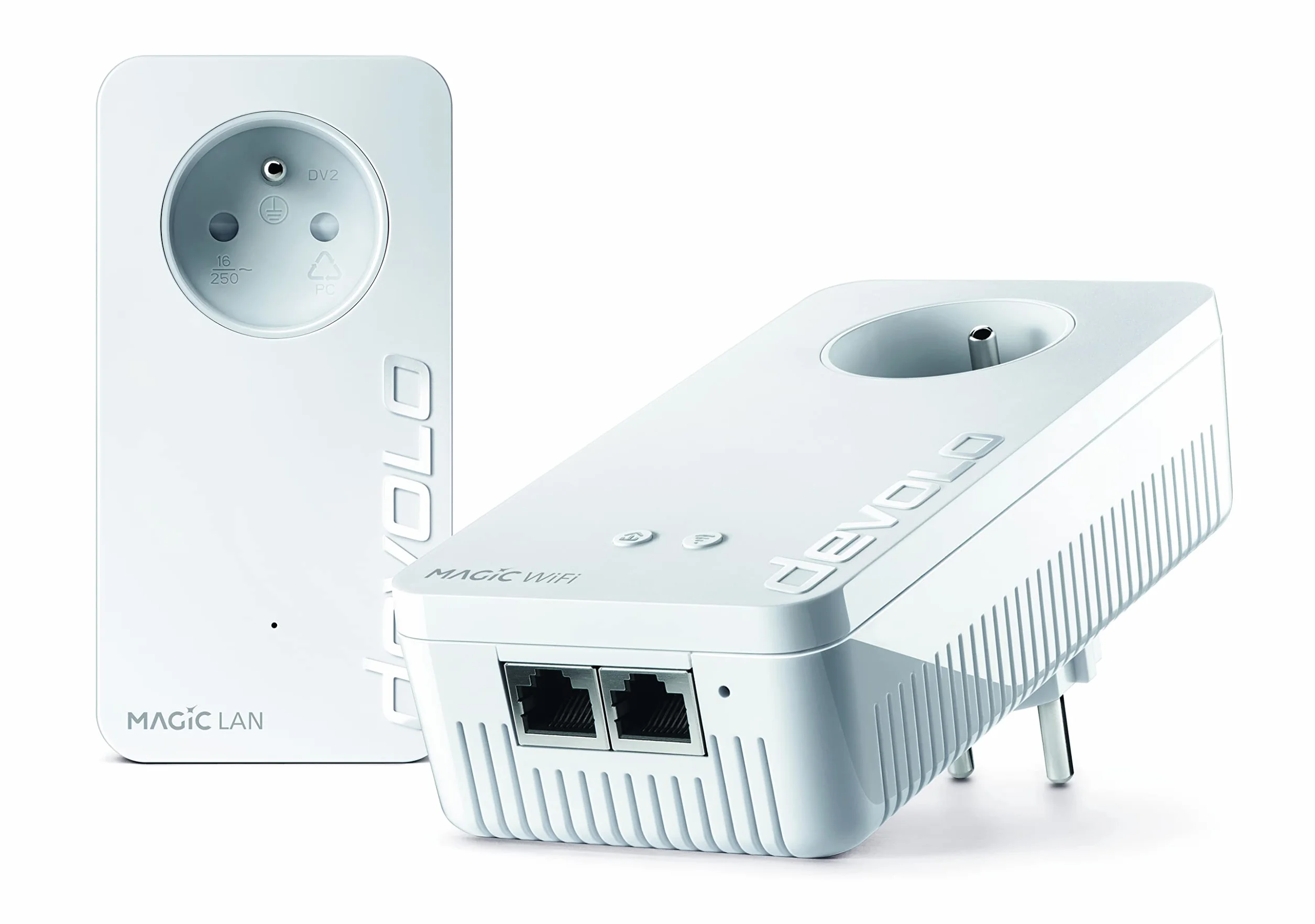 devolo Magic 2 WiFi 5 (ac) Zestaw startowy: 2x Adaptery PowerLine WiFi, gniazdo Gigogne (2400 Mbits, 3x porty Gigabit Ethernet), idealny do telepracy, gier, przesyłania strumieniowego, wtyczka