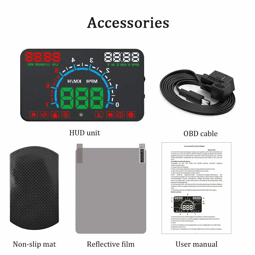 Wyświetlacz samochodowy HUD, cyfrowy tachometr do projektora Riloer Car Head Up z ekranem HD 5,8", interfejsem OBDII EUOBD, RPM