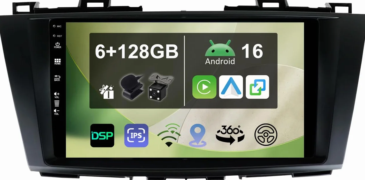 KEC 9" [6G+128G] Android 16 radio samochodowe do Mazda 5 2010-2015 - zintegrowany bezprzewodowy system CarPlay | Android Auto | DSP | GPS Sat Nav | Bluetooth 5.0 | Mirror Link | 360° panoramiczny +