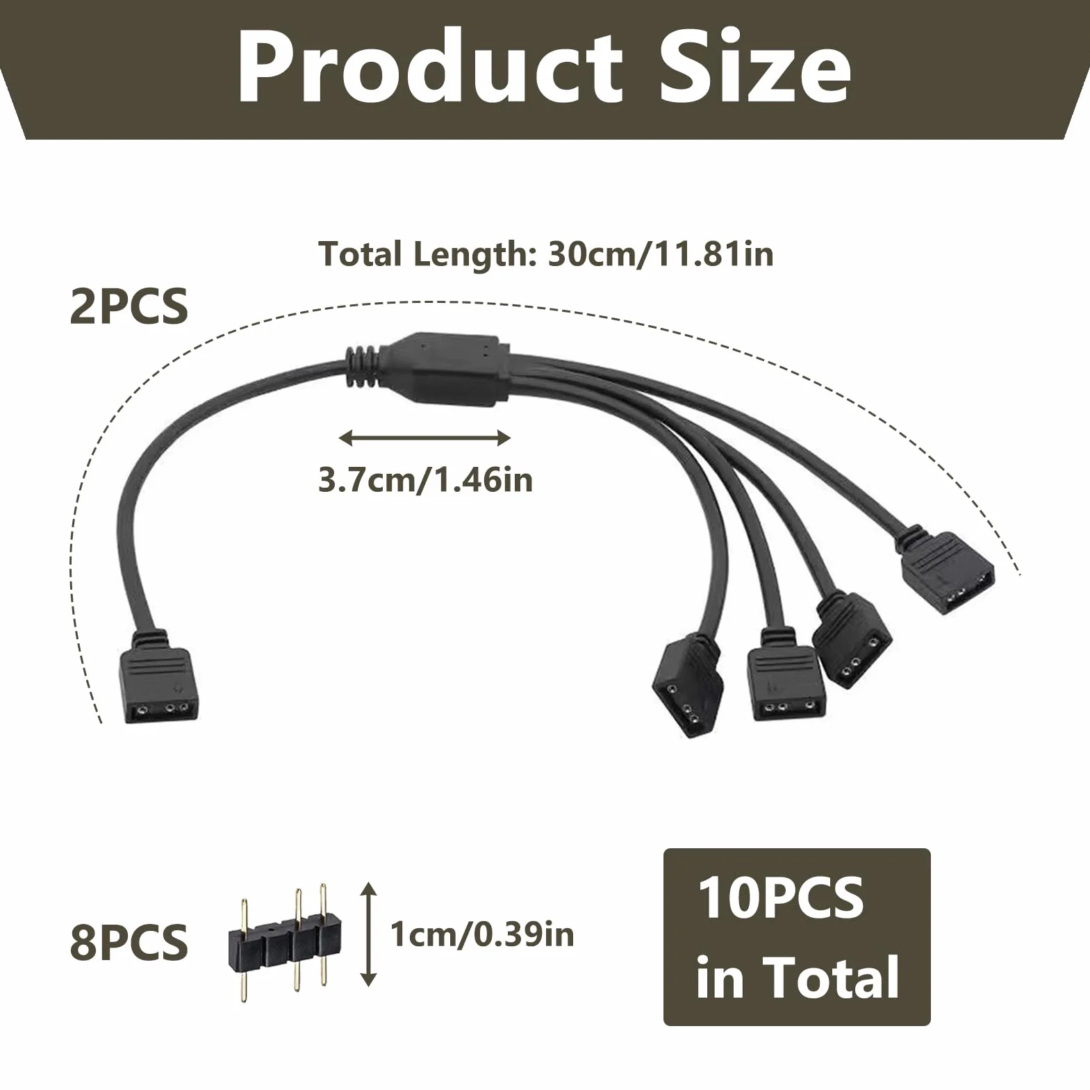 2 szt. ARGB 3-pinowy kabel rozgałęźny 1 do 4, ARGB Splitter ARGB 1 do 4, rozdzielacz wentylatora 30 cm, rozdzielacz z męskimi złączami do taśm LED i wentylatorów, kompatybilny z 3-pinowym