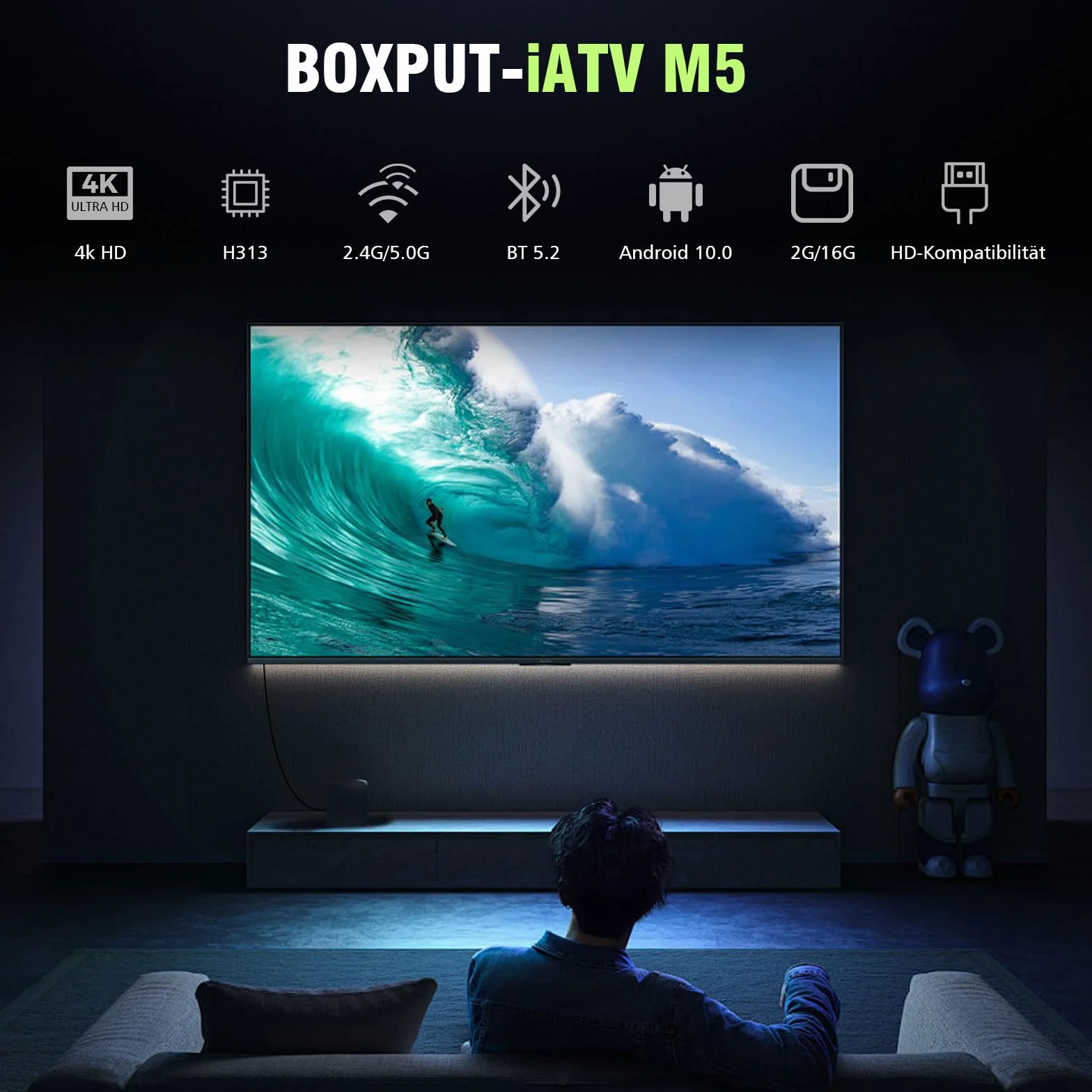 BOXPUT M5 Android TV Box 10.0, 2 GB RAM, 16 GB ROM, 4K Ultra HD, strumieniowy odtwarzacz multimedialny, dwuzakresowy WiFi 6 2,4 G/5G, pilot głosowy BT 5.2, Smart TV Box do domowej rozrywki