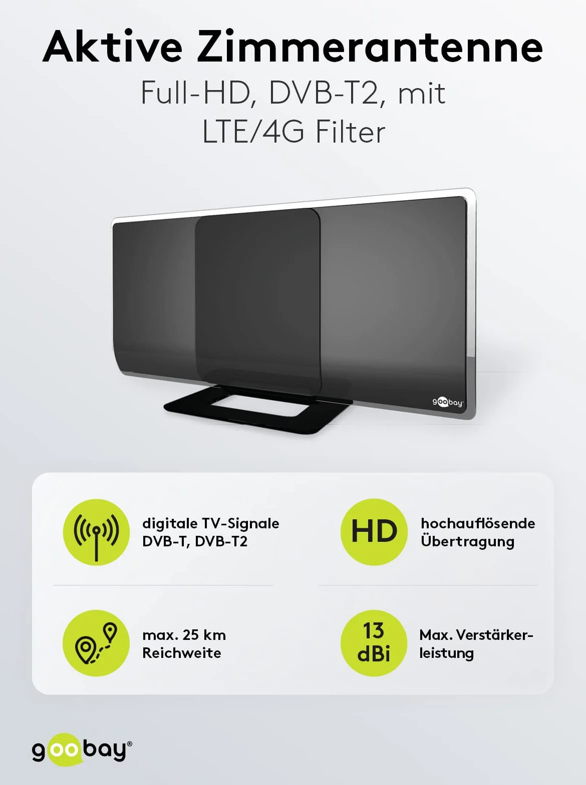 Goobay 67179 Aktywna antena pokojowa Full HD DVB-T z filtrem LTE/4G