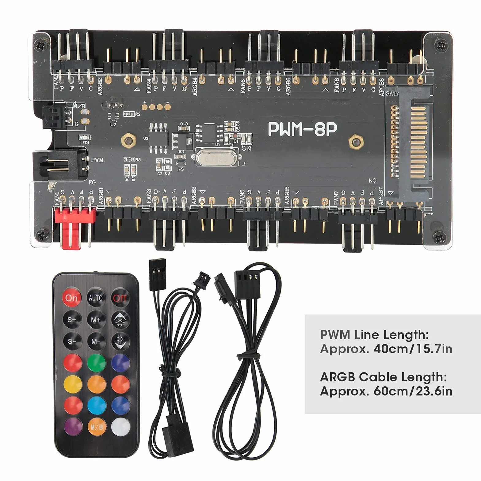 Socobeta Case Fan Hub PC Fan Controller ARGB PWM Hub 8-portowy 5V z 21-klawiszowym Pilotem do Zasilania Synchronizacja Płyty Głównej
