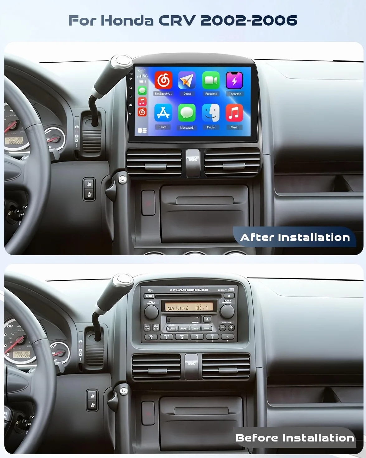 Roinvou Radio samochodowe do Honda CRV 2002-2006 Wireless CarPlay Android Auto MirrorLink, 9-calowy ekran dotykowy radia z Bluetooth EQ FM UI SWC Kamera cofania