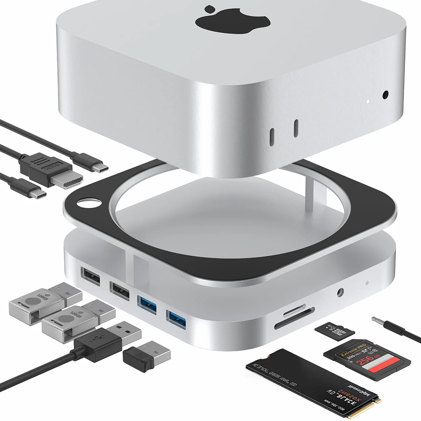 Mac mini M4 Dock, Stacja dokująca Mac mini M4 Pro z obudową NVMe M.2 SSD, 6 portów USB A 3.2 10Gbps, port danych USB C, czytnik kart 3.0 TF SD dla akcesoriów stacji dokującej Mac mini M4, adapter Mac