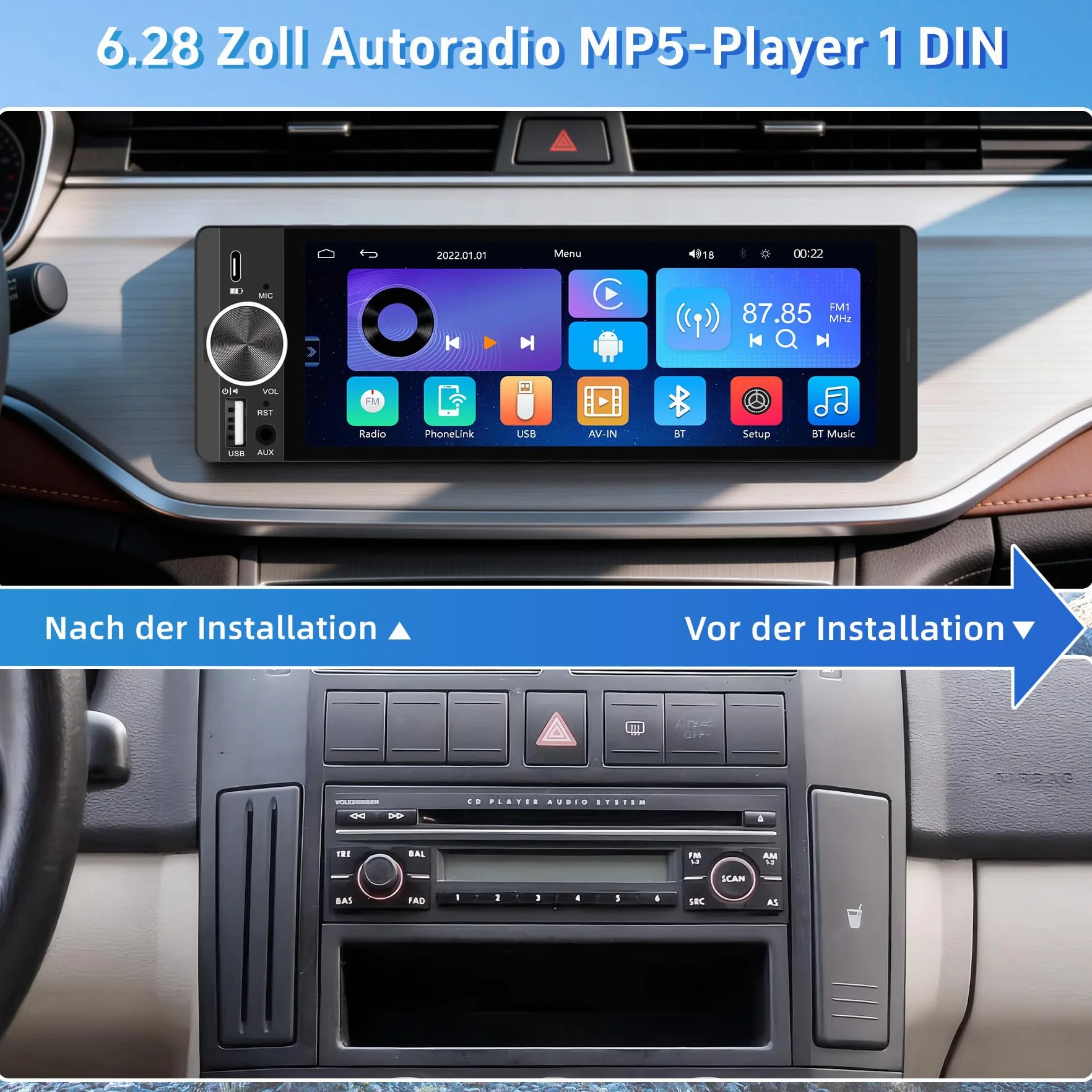 Radio samochodowe 1-DIN 6,28" ekran dotykowy z bezprzewodowym CarPlay i Android Auto, Bluetooth, WLAN, MirrorLink, FM, USB-C, korektor i złącze do kamery cofania, sterowanie kierownicą
