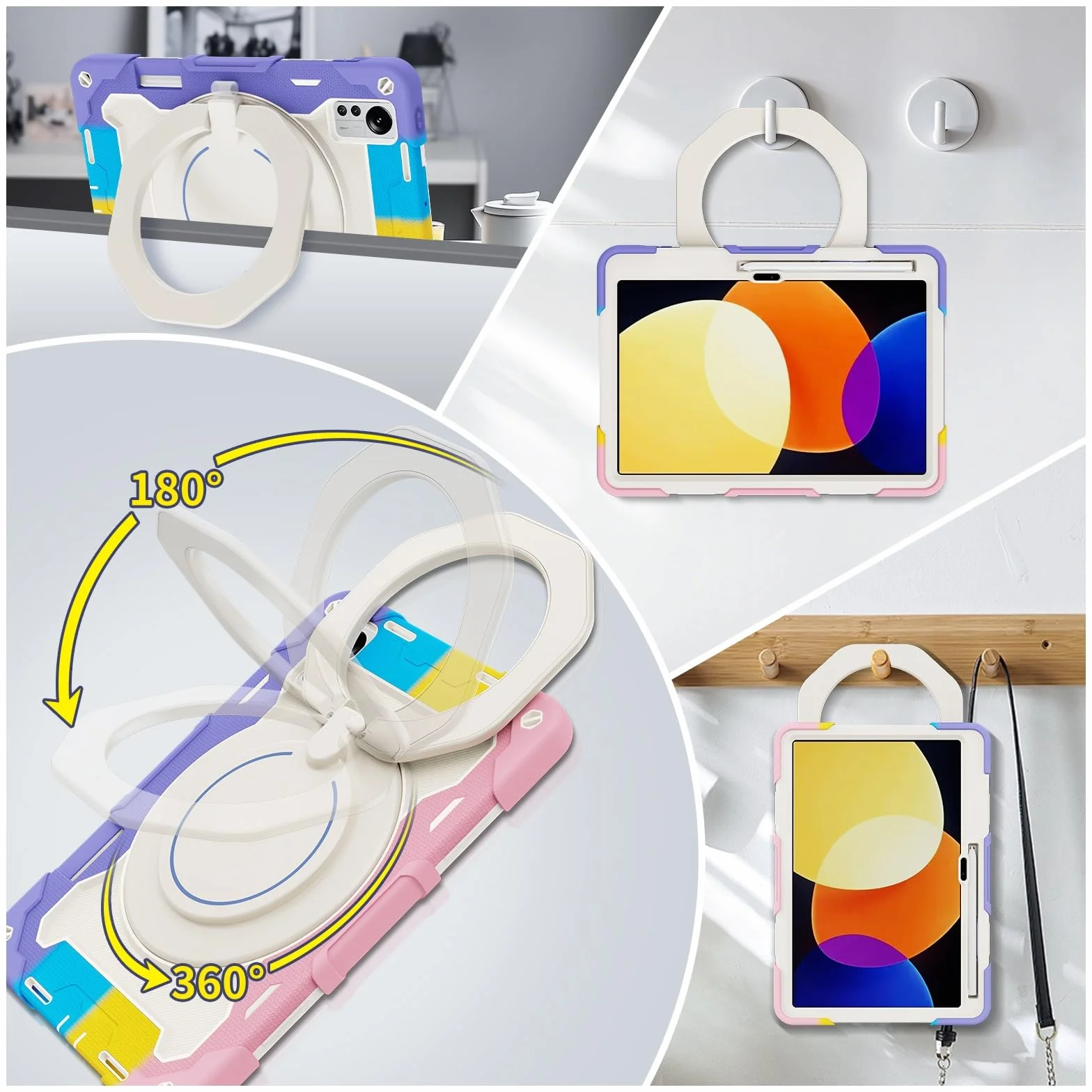 Pełna torba ochronna Wytrzymała obudowa ochronna do Xiaomi Mi Pad 5 Pro 12,4", stojak obrotowy o 360°, pasek na ramię, uchwyt na długopis i pierścień uchwytu, ochrona przed wstrząsami dla dzieci i