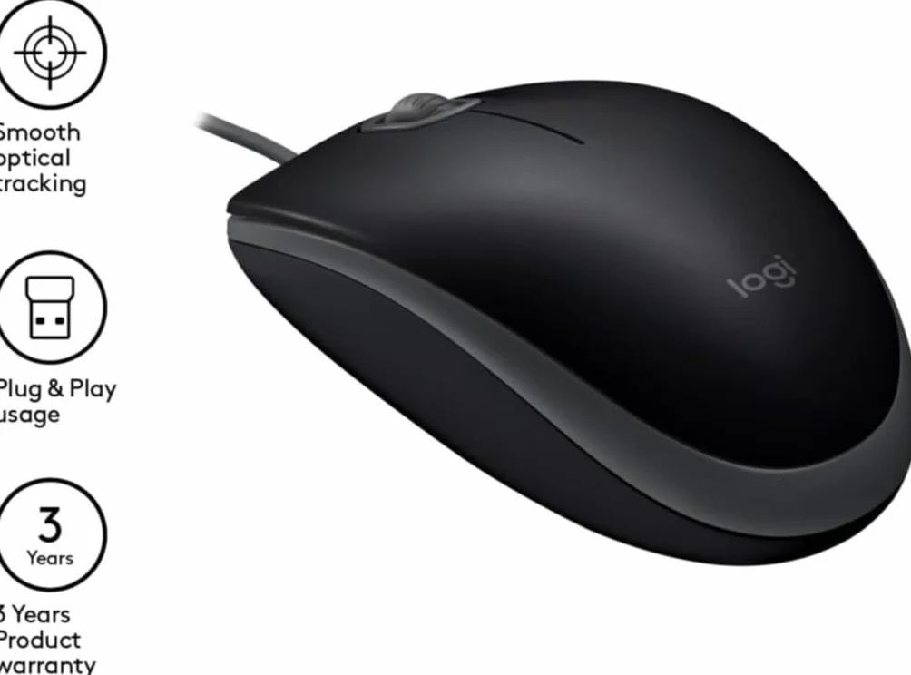 Logitech B110 Przewodowa mysz USB, ciche przyciski, wygodna konstrukcja dla użytkowników pełnowymiarowych, oburęczna, PC/Mac/Laptop - Szary
