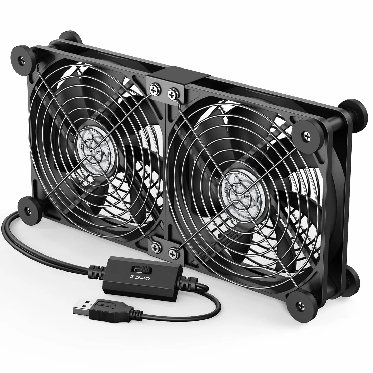 ELUTENG Wentylator USB 2 w 1, 120 mm, 3 regulowane prędkości, dwurzędowy, mały, USB 5 V, cichy, elektroniczny, z 8 nóżkami amortyzującymi, do szafki, routera, PS5, laptopa, telewizora