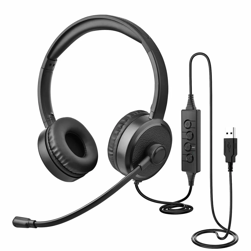 Słuchawki USB z mikrofonem z redukcją dźwięku do komputera i laptopa - kabel 2M czarny dźwięk
