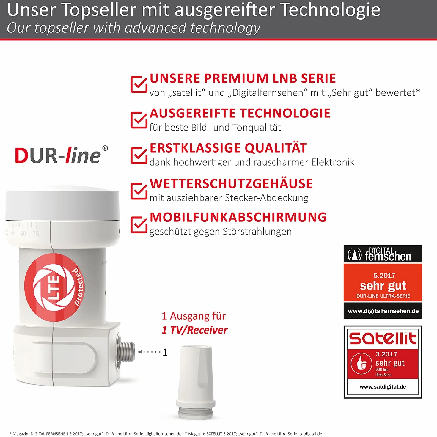 DUR-line + Ultra Single LNB - 1 odbiornik biały - z filtrem LTE [ test bardzo dobry*] 1-krotny, cyfrowy z ochroną przed warunkami atmosferycznymi, Full HD, 4K, jakość premium