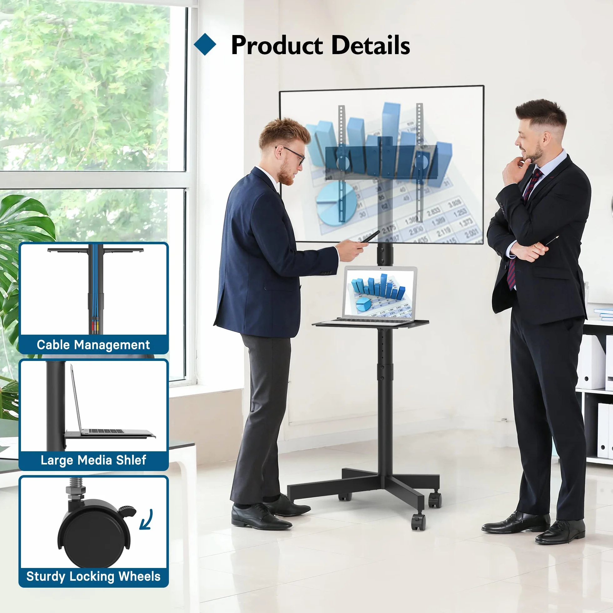 BONTEC Mobilny Stojak TV na Kółkach do Telewizorów Plazmowych/LCD/LED 23-60 cali, Przenośny Stojak TV z Półką na Laptopa, Wózek TV z Regulacją Wysokości na Kółkach do 25kg, Max. VESA 400x400mm