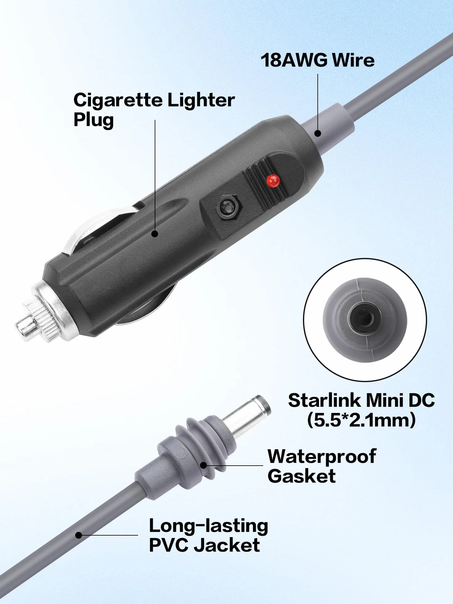 YACSEJAO Kabel zasilający do papierosa na prąd stały do Starlink Mini 12 V-24 V wodoodporna zapalniczka samochodowa do przewodu zasilającego DC 5521 18AWG (3 m)