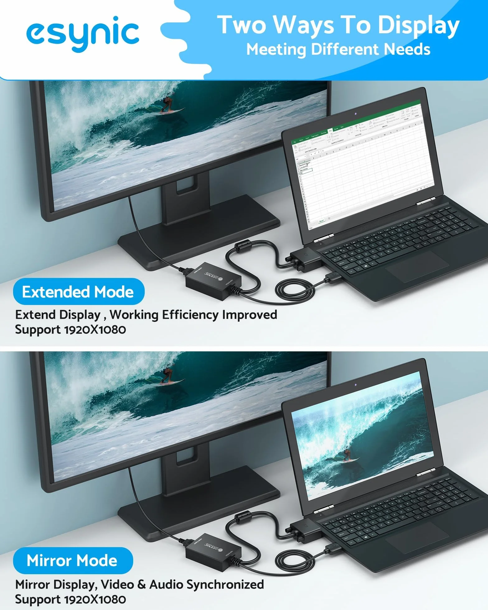 eSynic Adapter VGA na HDMI 1080p, nadaje się do komputerów stacjonarnych, laptopów, monitorów komputerowych, projektorów, telewizorów HD i innych urządzeń (1 metr)