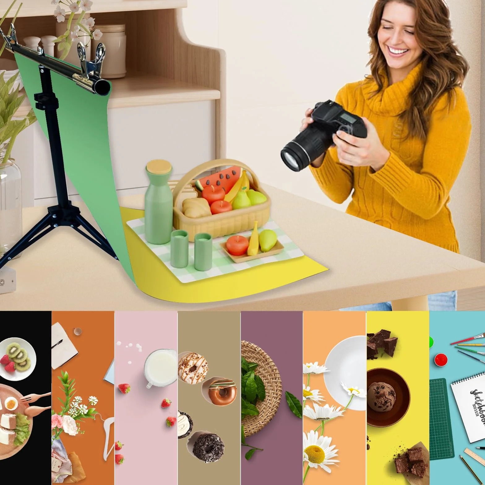 8 szt. Tła fotograficzne produktu z podstawką tło stołowe, małe zdjęcie, 50 x 81 cm, bezszwowe, dwustronne, płaskie, papierowe rekwizyty, strzelanie do żywności, biżuterii, kosmetyków
