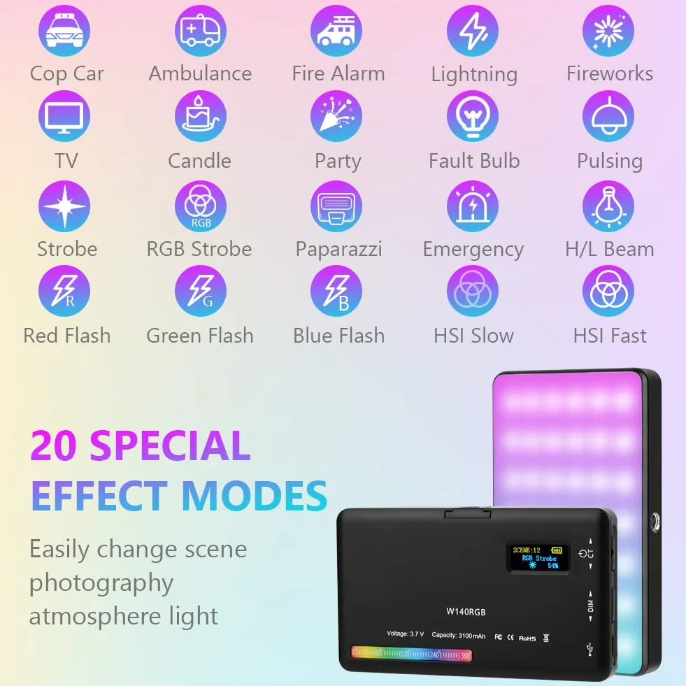 AXFEE Lampa wideo LED RGB, 5", światło wideo z możliwością ściemniania, 2500 K - 9000 K, z klipsem na telefon i uchwytem na zimne buty, wbudowany akumulator 3100 mAh, CRI 95+, światło do fotografii