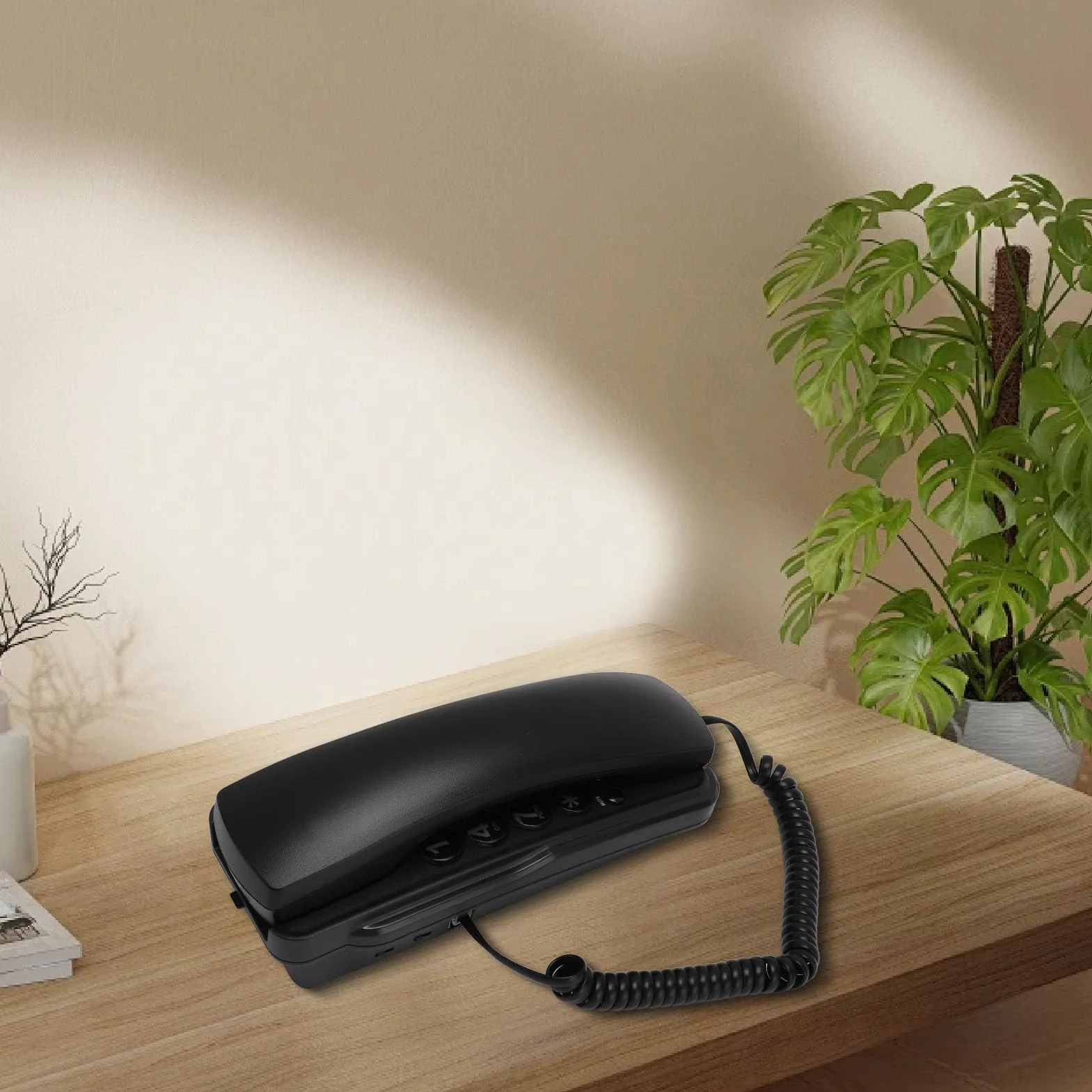 Annadue Telefon ścienny do biur hotelowych, przewodowy, z regulacją głośności, sygnałem dzwonka i ponownym wybieraniem (czarny)