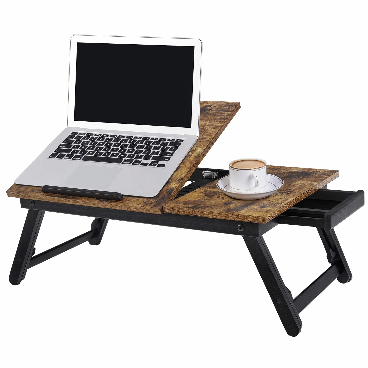 SONGMICS LLD105B01 Stolik/stojak pod laptopa, taca śniadaniowa, składane nogi, na łóżko i sofę, z regulacją wysokości, do laptopów o przekątnej ekranu do 15,6“, 55 x 35 x 23 cm, odcień brązowy retro