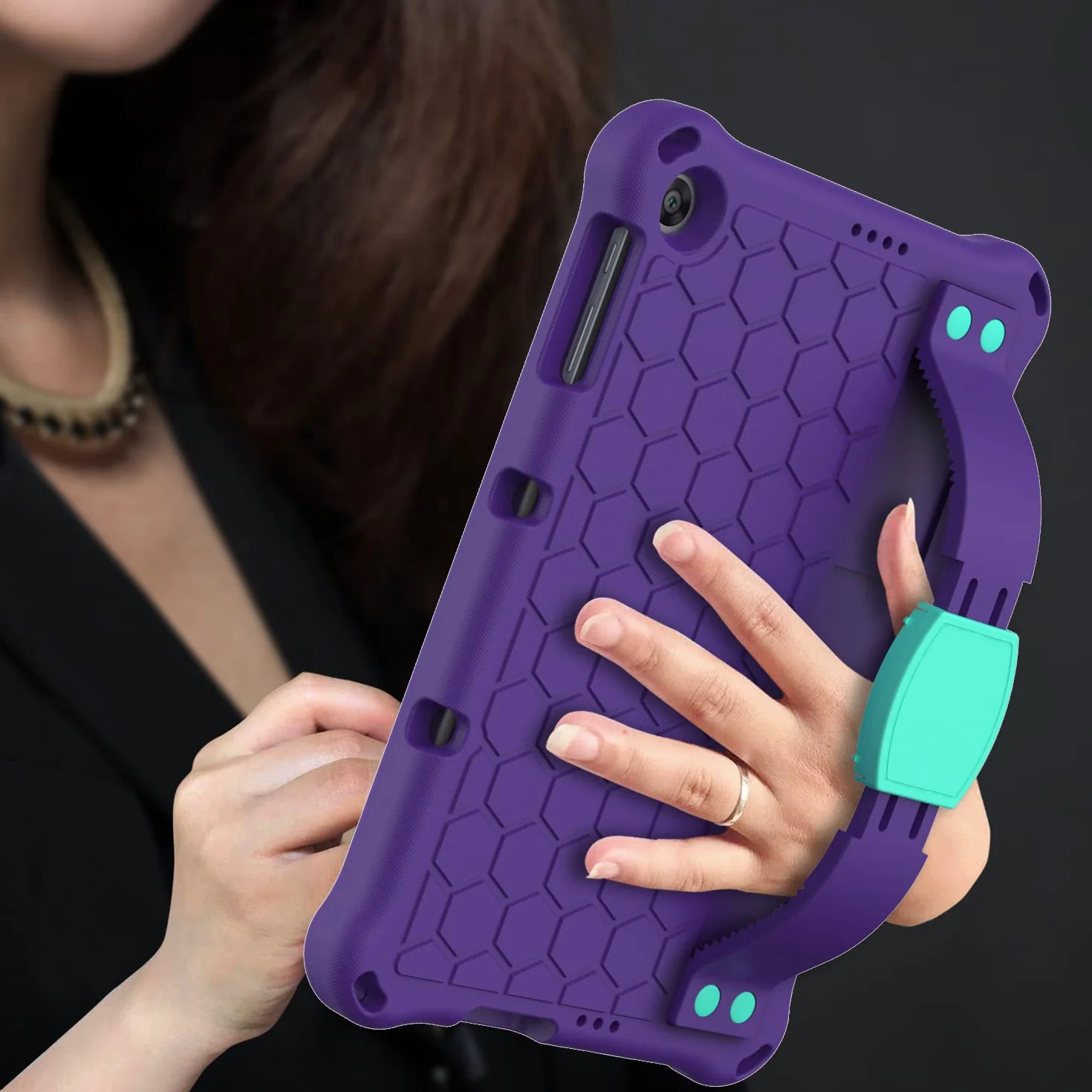 Etui ochronne do Huawei MatePad T10 9,7 cala / MatePad T10s 10,1 cala / Enjoy Tablet 2 (2020), wytrzymałe, odporne na wstrząsy silikonowe etui ochronne z uchwytem stojakiem i paskiem na ramię - fioletowe + Aqua