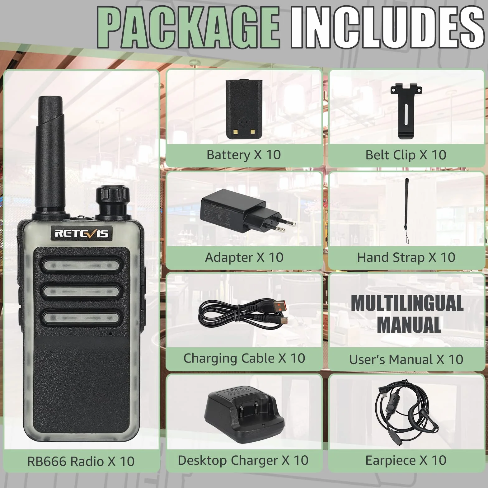 Retevis RB666 Walkie Talkie Small Professional, PMR446 Wireless Clone Krótkofalówka Szybka ładowarka do ładowania, VOX Portable Walkie Talkie ze Słuchawkami do Szkoły, Hotelu (10 Szt., Czarny)