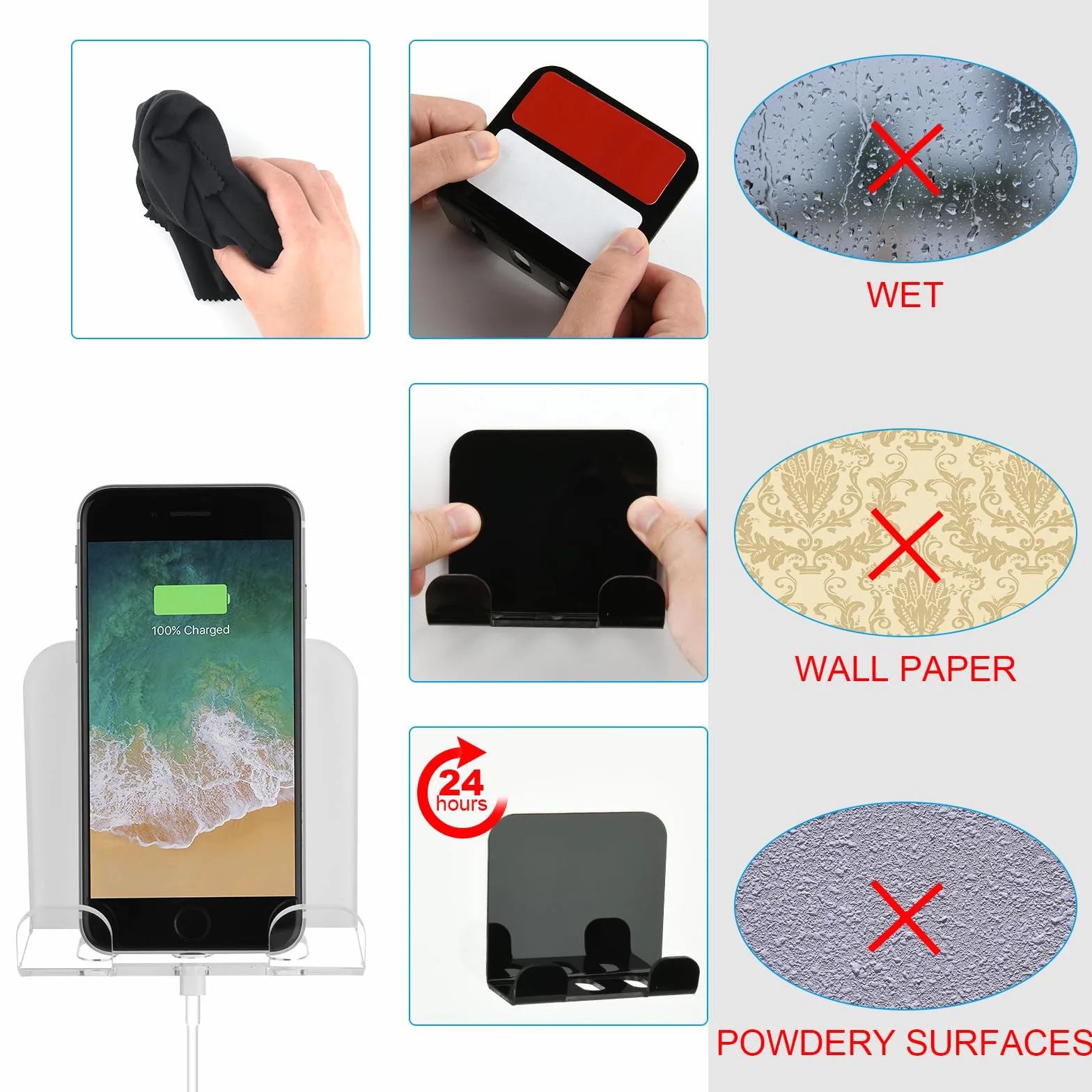 Cosmos Uchwyt ścienny na telefon, stojak do ładowania smartfona, stojak ścienny, organizer przy łóżku, uchwyt do przechowywania, kompatybilny z większością telefonów i mini tabletów, do domu, biura