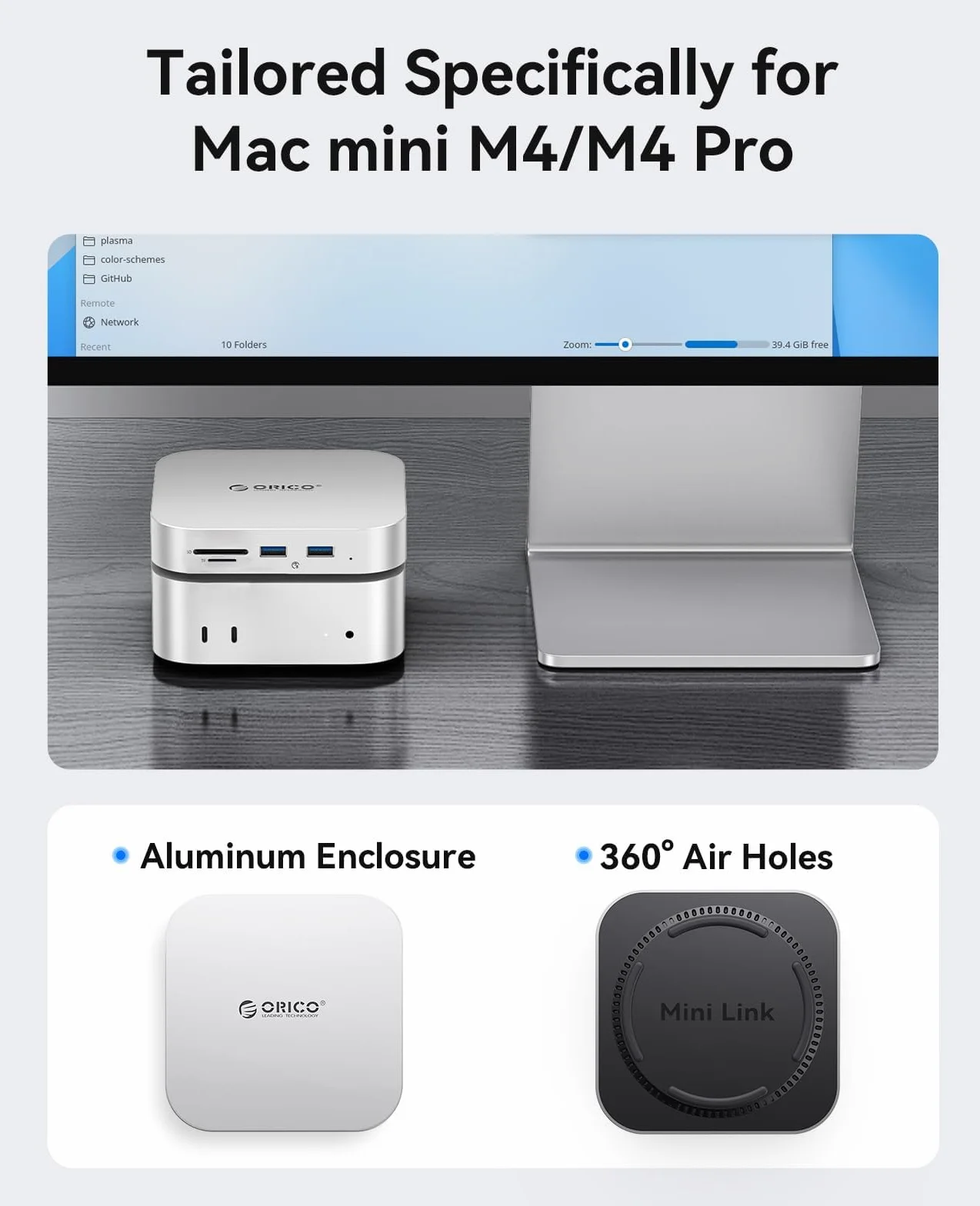 ORICO MiniLink Mac mini M4 Hub, port USB 3.0 5 Gb/s, czytnik kart SD 3.0/TF 3.0, gniazdo słuchawkowe 3,5 mm i gniazdo mikrofonowe (M48P)