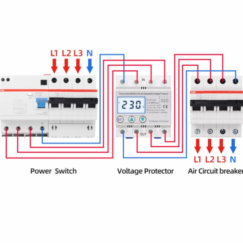 Zabezpieczenie przeciwprzepięciowe regulowane zabezpieczenie napięcia STVP-932 230 V/ 400 V AC 3-fazowe wielofunkcyjny wyświetlacz LCD z pełnymi funkcjami (63 A)