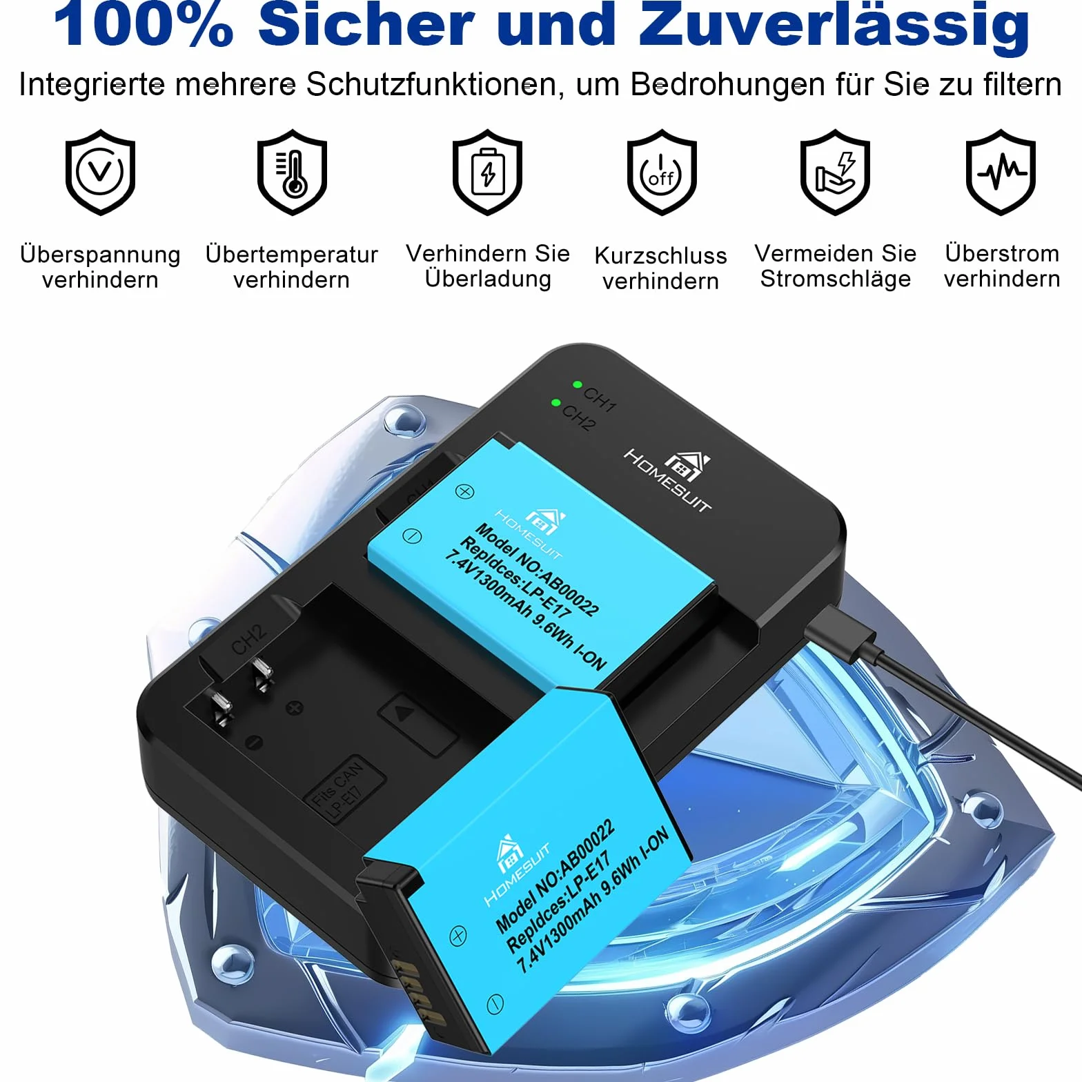 Homesuit Zestaw 2 baterii LP-E17 1300 mAh i typ C LED Dual ładowarka zestaw do Canon EOS RP, R8, R10, R50, R100, M3, M5, M6, 200D, 77D, 750D, 760D, 800D, 8000D, Rebel SL3, SL2, T8i, T7i, T660D, 800D