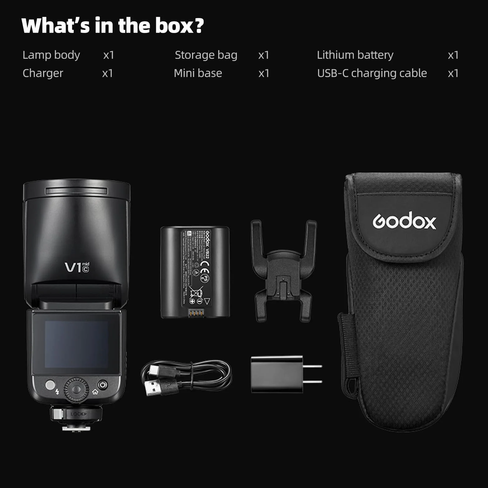 Godox V1 MID O Lampa Błyskowa do Olympusa i Panasonica, 55W Okrągła Głowica z Ekranem Dotykowym, Optyka 24mm, 650+ Błysków, Ładowanie 1.7s, TTL/HSS 1/8000s, USB-C, Magnetyczny AK-R1 (V1MID O)