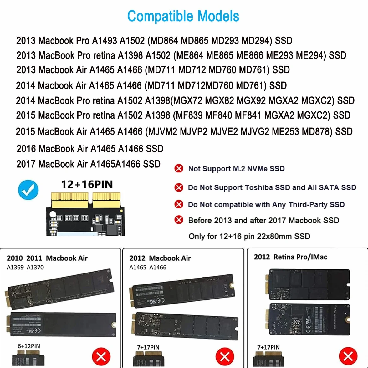 Zewnętrzna obudowa SSD USB-C 3.2 dla 12+16-pinowego MacBooka SSD, czytnik dysków twardych do A1466 A1465 A1502 A1398 SSD Mac Air/Pro mid 2013-2017, przenośna aluminiowa obudowa SSD ze