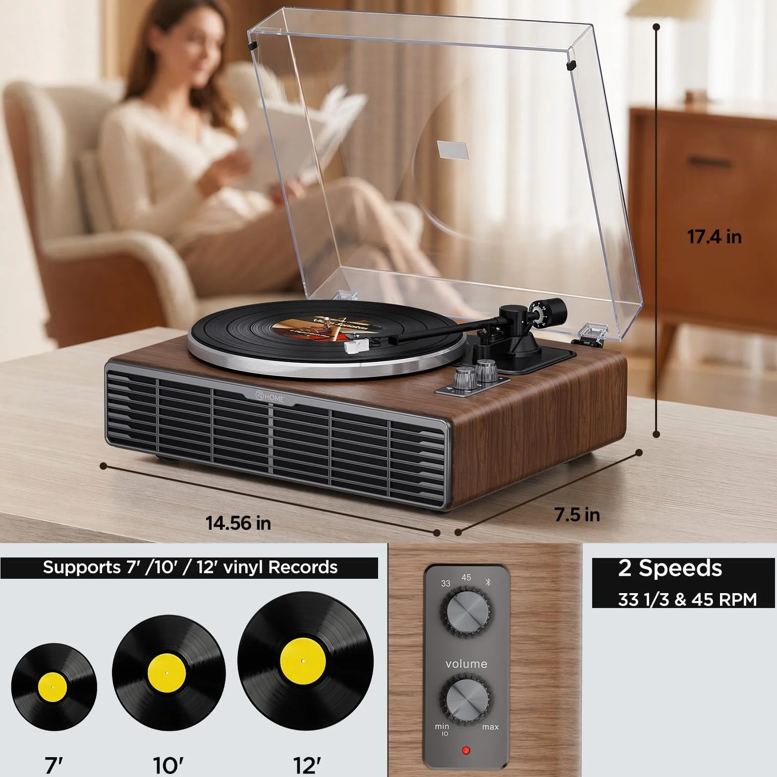 Gramofon Bluetooth HiFi z głośnikami z 4 głośniki stereo, wbudowanym przedwzmacniaczem fono, 33/45 obr./min, magnetycznym AT-3600L, napęd pasowy Vinyl Record Player