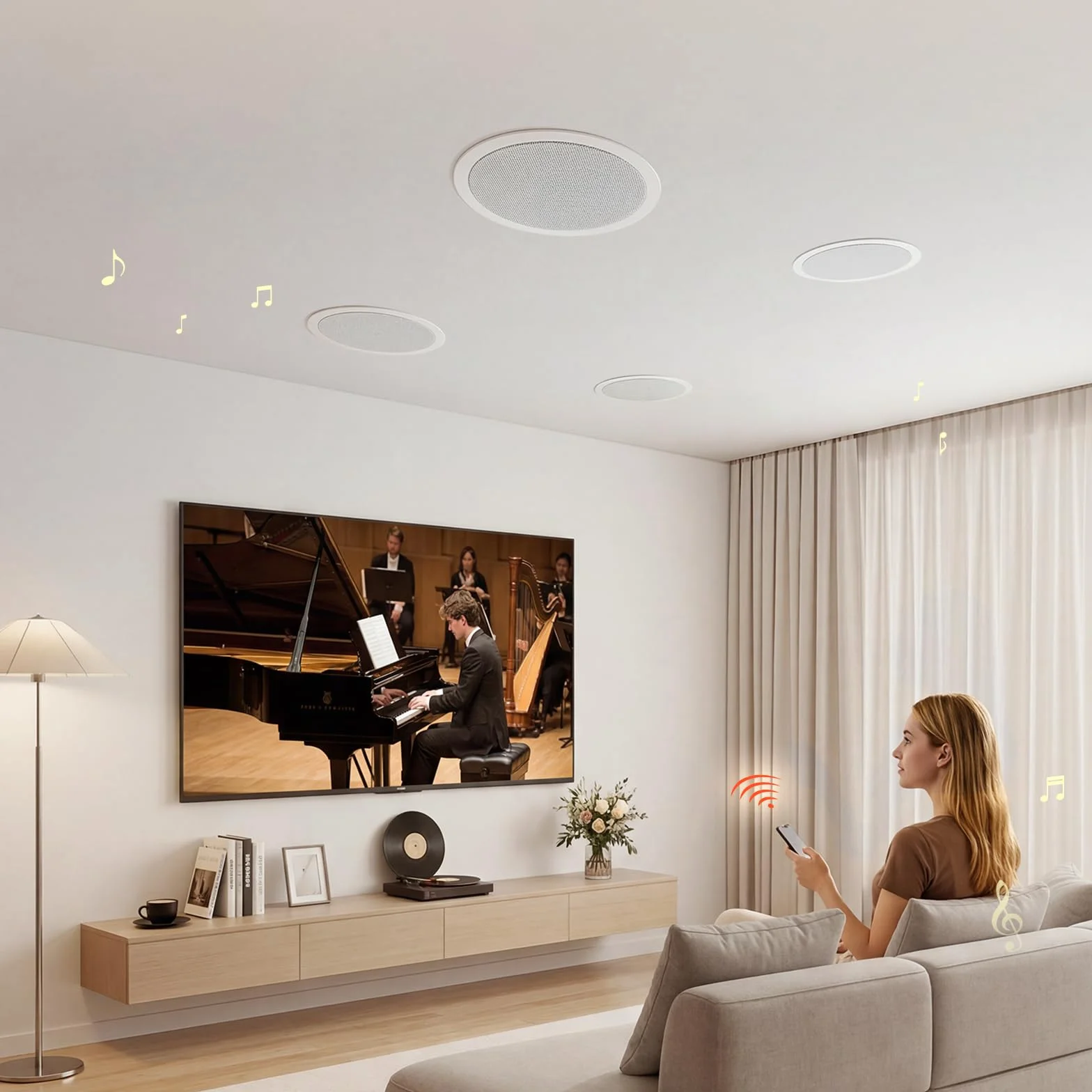 VEVOR Wbudowany głośnik sufitowy Bluetooth 165,1 mm, 4-częściowy zestaw głośników sufitowych do wilgotnych pomieszczeń, kino domowe, salon, zadaszony ganek, ze wzmacniaczem, 2-drożny montaż podtynkowy