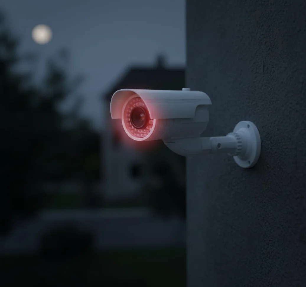 O&W Security Atrapa kamery do monitoringu – Dummy kamera CCTV z obiektywem, migającą diodą LED i czujnikiem ruchu, obudowa chroniąca przed warunkami atmosferycznymi z dachem przeciwdeszczowym