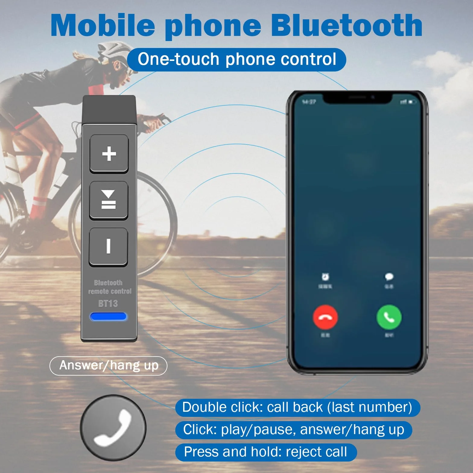 Pilot zdalnego sterowania do kierownicy motocyklowej, BT13 V5.0 Sterowanie przyciskiem kierownicy motocykla, bezprzewodowy pilot zdalnego sterowania Bluetooth do smartfonów (15 M)