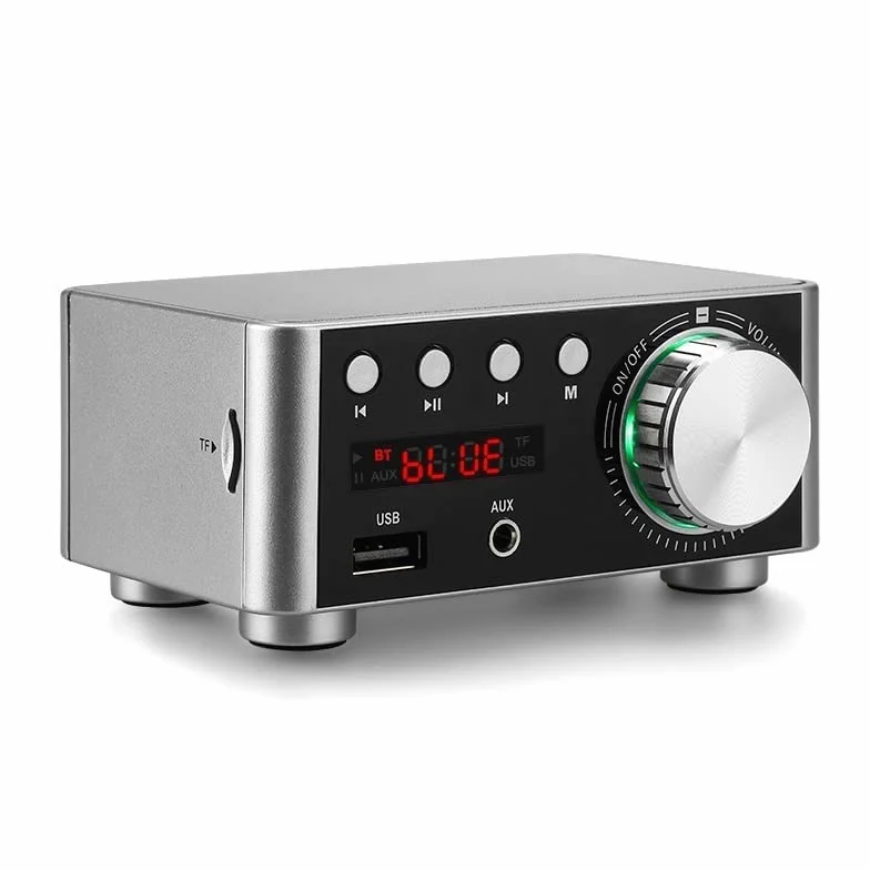 Wzmacniacz Hi-Fi，Wzmacniacz audio 68 W + 68 W Infineon MA12070 Wzmacniacz Bluetooth 5.0 Cyfrowy wzmacniacz mocy audio Klasa D USB AUX TF Kino domowe HiFi Stereo Mini(Siver Amplifier)