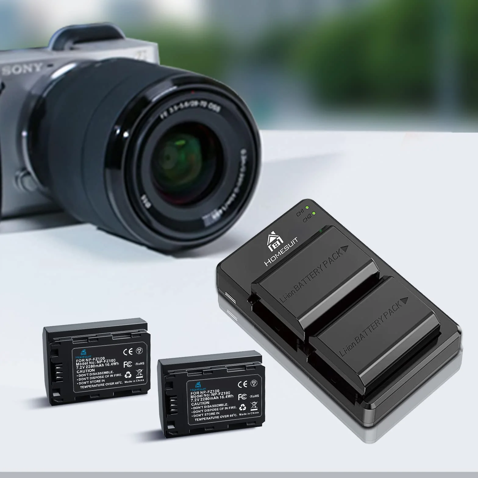 Homesuit NP-FZ100 akumulator 2280 mAh i podwójna ładowarka do Sony ZV-E1 FX3 FX30 A7RIII A7RV A7RIV A7SIII A7III A7IV A7C A7CII A6600 A6700 Alpha A1 A9 A9II A9III 9R A9R 9S (2 sztuki)
