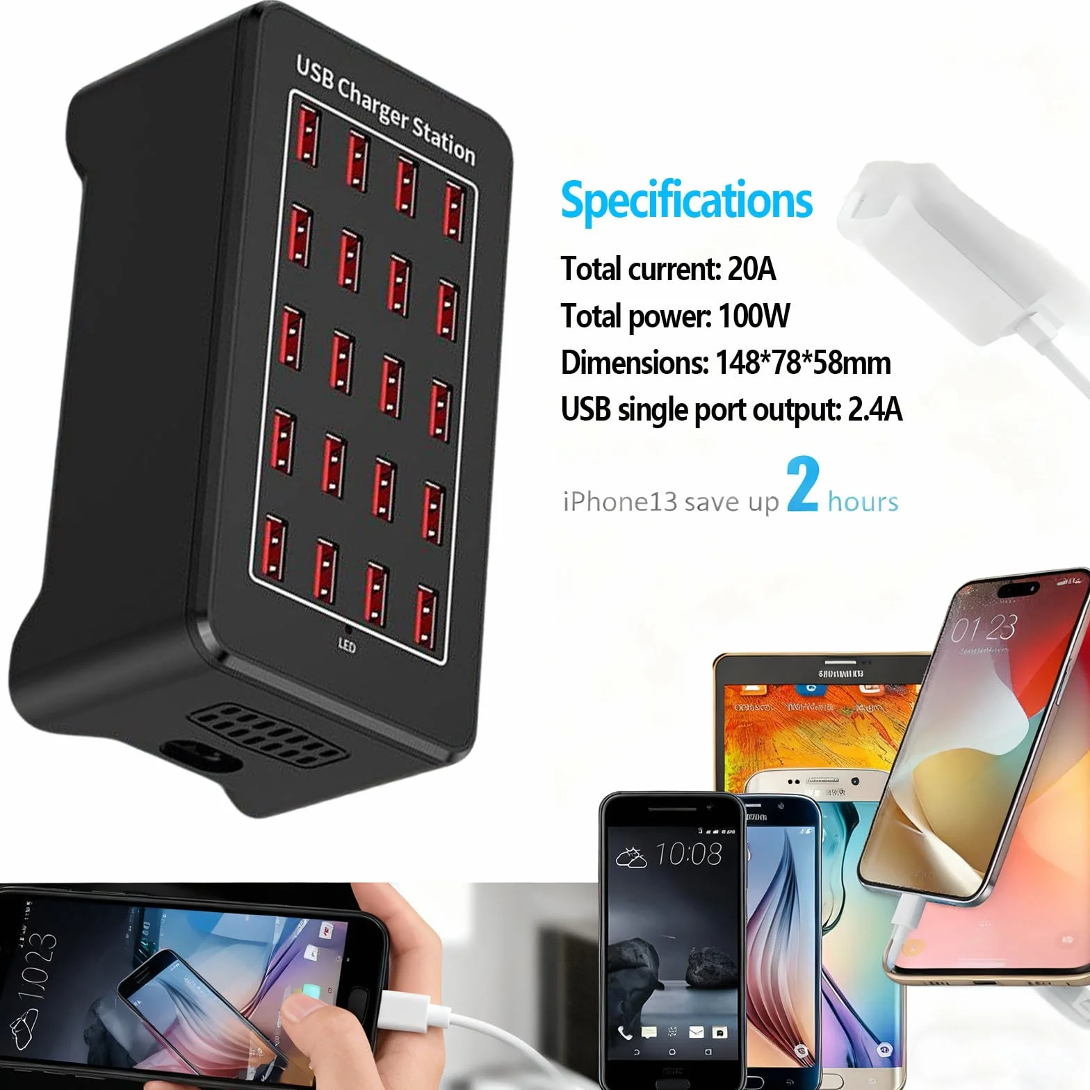 Stacja ładująca dla wielu urządzeń. Szybkie ładowanie 2,5 godziny. Inteligentne chłodzenie. Łatwe przenoszenie. Ładowanie kompatybilne ze wszystkimi USB 20-Port-100W