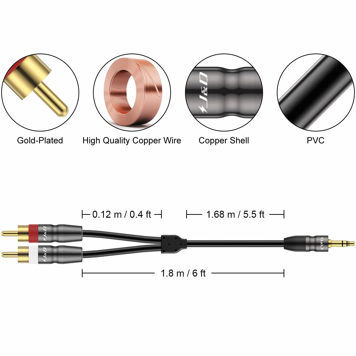 J&D Kabel Jack 3,5 mm do 2 RCA Cinch, Stereo Audio AUX, 3,5 mm Męski do 2 x RCA Męski, Pozłacane Złącza, Solidna Miedziana Obudowa, do Smartfona, Tabletu, MP3, Głośników, 1,8 m