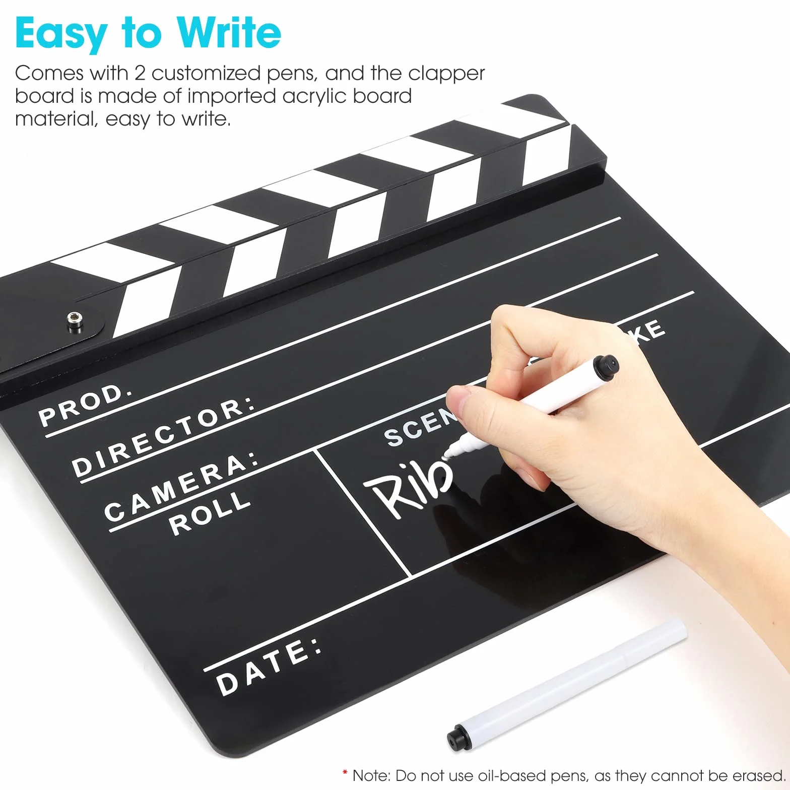 Reżyserzy Clapboard do filmu, Hollywood Slate Move Photography Video TV Cut Action Scene Akrylowa tablica z magnetyczną gumką do tablicy, dwa niestandardowe długopisy, ściereczka do