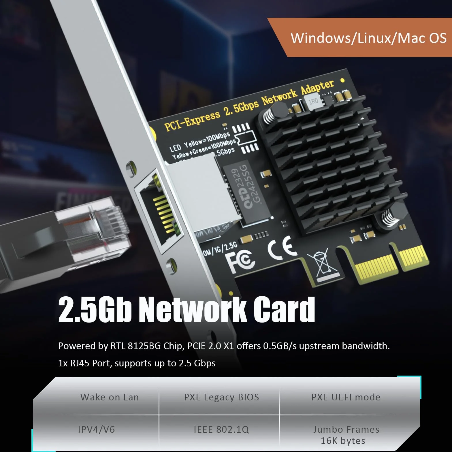 GLOTRENDS LE8105 Karta sieciowa 2.5Gb dla komputerów stacjonarnych/serwerów, port RJ45, prędkość 2500/1000/100 Mbps
