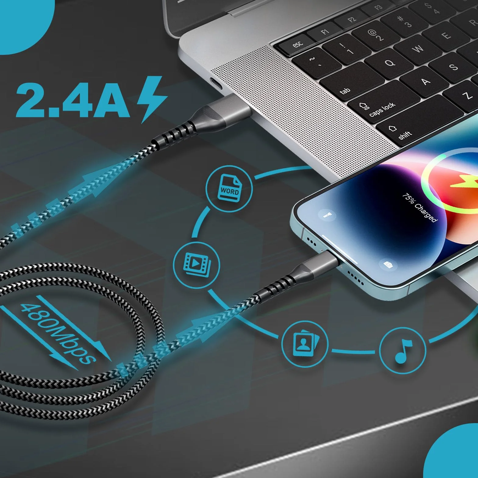 Kabel do ładowania iPhone 2 m USB Lightning MFi nylon