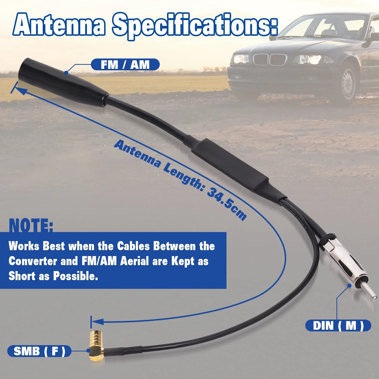 Eightwood Adapter anteny radia samochodowego kabel DIN żeński na DIN męski + złącze SMB 12 V + aktywny AM FM DAB rozdzielacz sygnału wzmacniacz sygnału anteny samochodowej zamiennik na rynku wtórnym