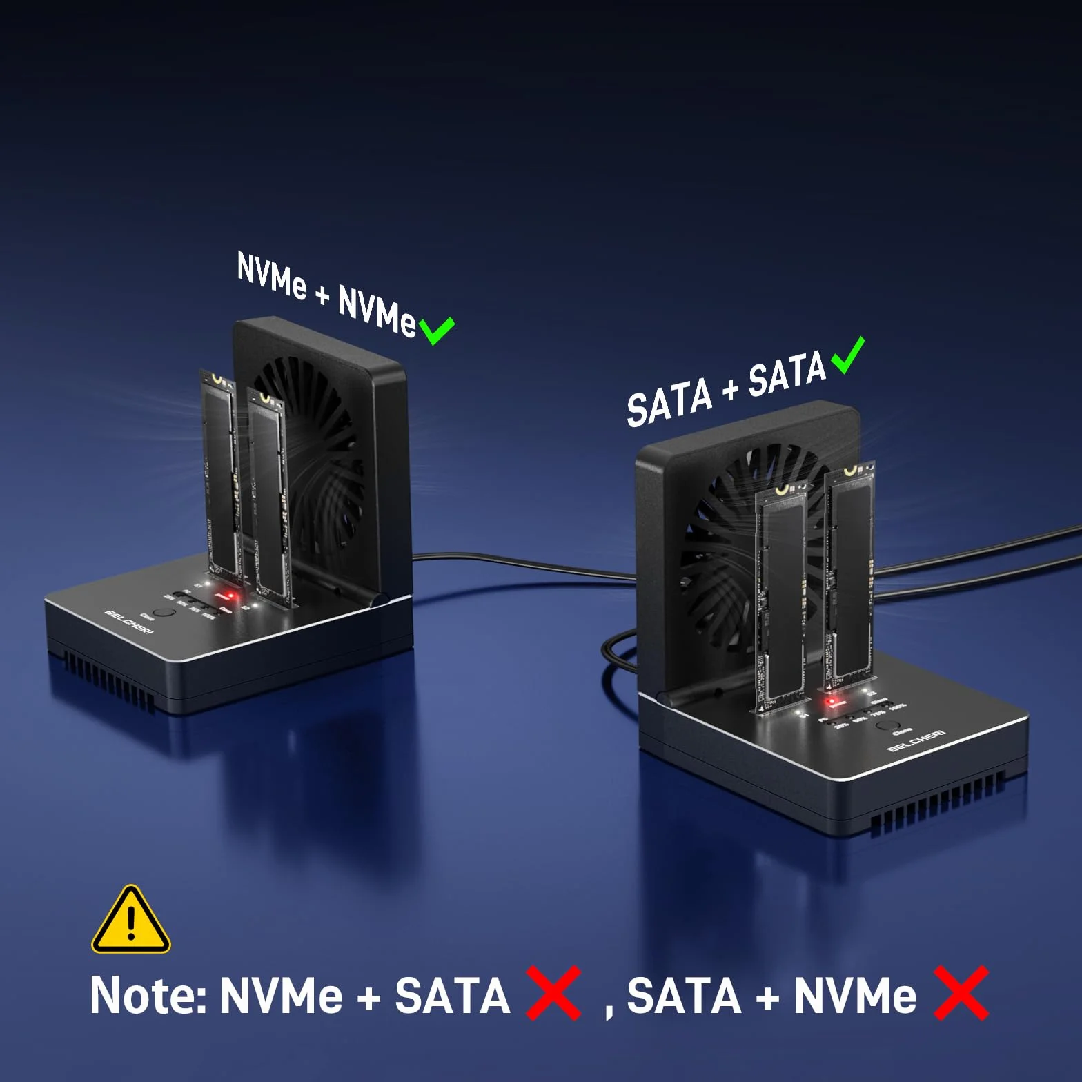 M.2 NVMe SATA SSD Cloner Dock, USB 3.2 Gen 2 20 Gbit/s, ze składanym wentylatorem chłodzącym, obsługuje klonowanie offline, UASP i Trim, aluminiowa konstrukcja