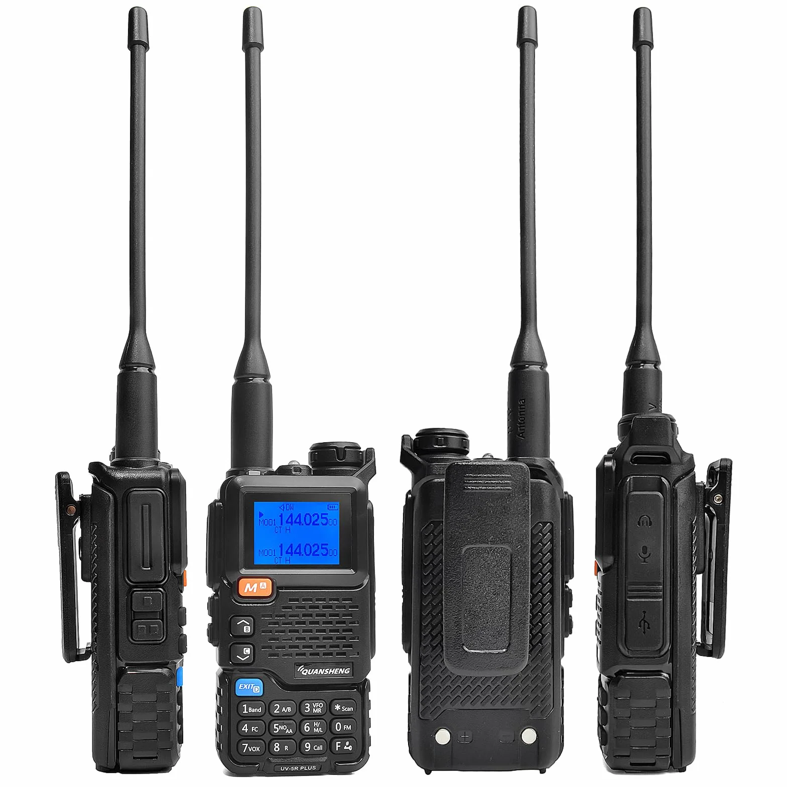 QUANSHENG UV-5RPLUS krótkofalówka 5 W, duży zasięg, wielokrotnego ładowania, dla dorosłych, radio policyjne z FM, NOAA, ładowanie typu C, 200 kanałów (UV-5RPLUS ze słuchawkami w kształcie litery D)