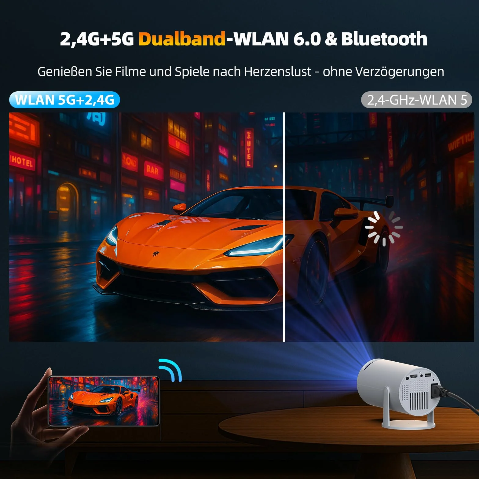 Mini projektor 4K z WiFi6 i BT5.0, Android 11.0, przenośny projektor z obrotem o 220°, automatyczna korekcja trapezowa, inteligentny projektor kina domowego do iPhone'a/PC/Switch