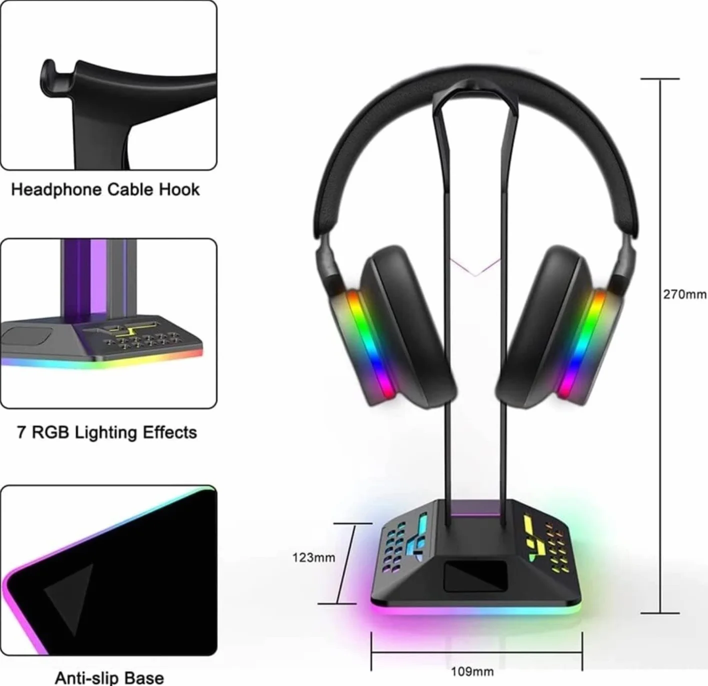 Stojak na słuchawki z oświetleniem RGB, podwójnym wyjściem USB i wejściem typu C, stojak na słuchawki dla graczy do wyświetlania i organizacji