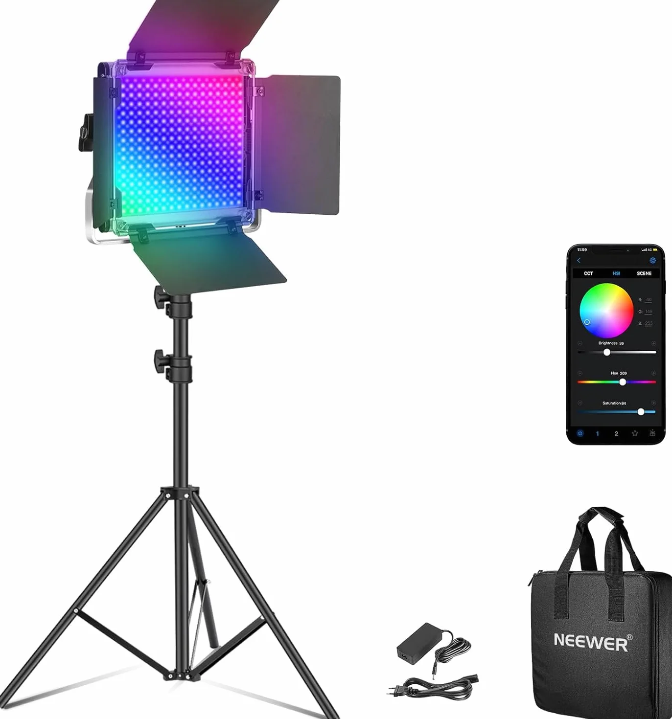 NEEWER Ulepszona lampa studyjna LED RGB ze statywem, sterowana aplikacją, 50 W, 7000 lumenów, IRC97 + 3200-5600K, ściemniany panel fotograficzny, zestaw oświetleniowy, RGB660 Pro II