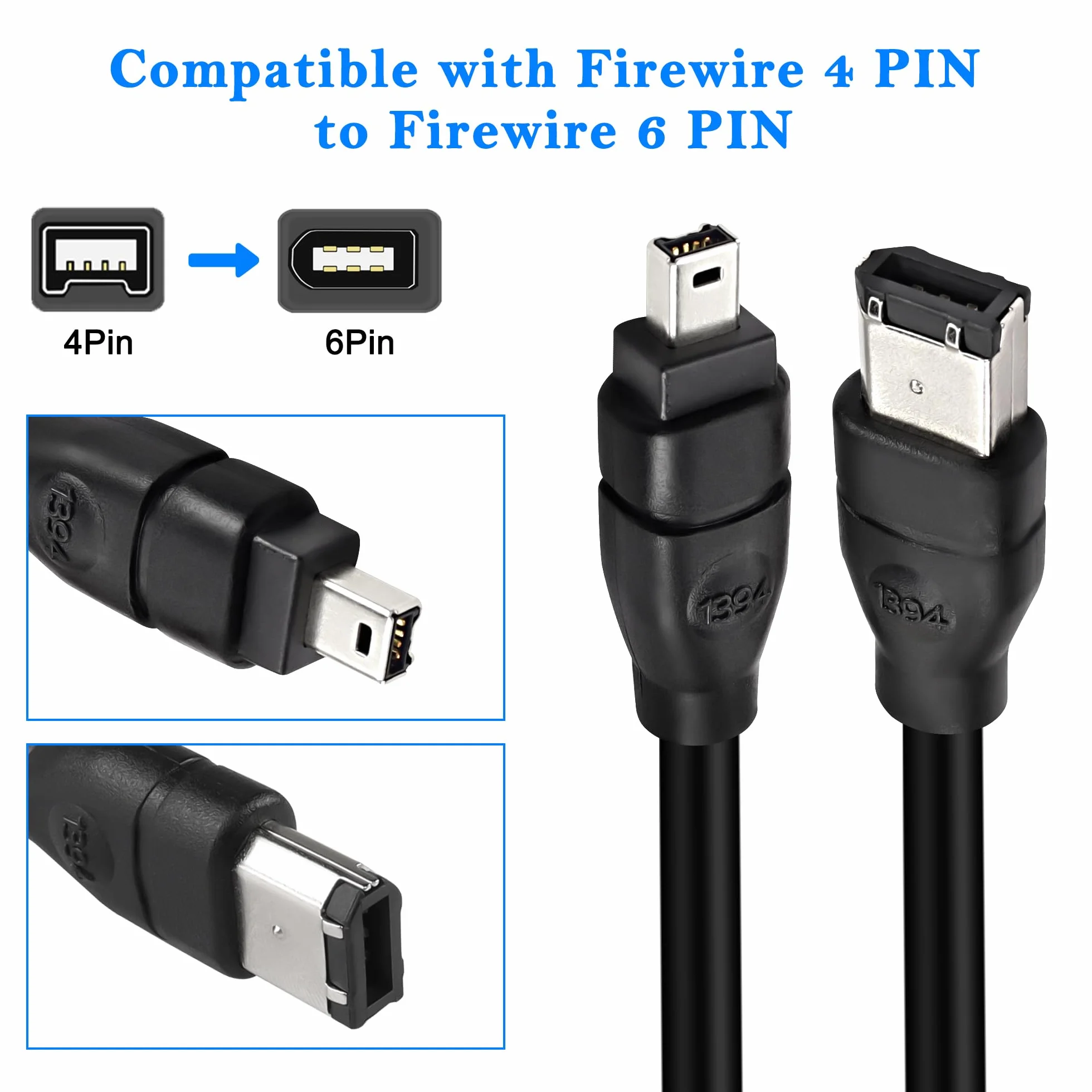 MEIRIYFA Firewire IEEE 1394B wtyczka 6-stykowa do 4-pinowego kabla wtykowego, Firewire 400 do Firewire 400 4 Pin do 6 Pin High Speed 400 Mbps do drukarki, skanera, aparatu cyfrowego (1,8 m, czarna)